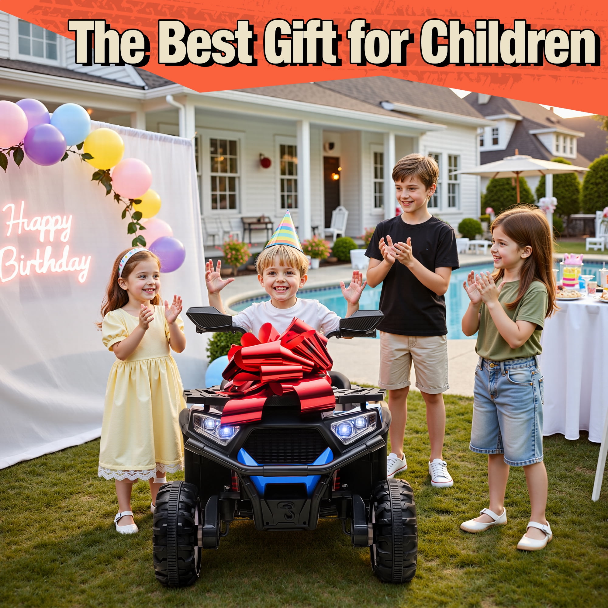 Joyracer 24V 4x4 Kids ATV Electric 4-Wheeler with Leather 2-Seater, 24 Volt Ride on Toys for Big Kids w/ Kneepads, 4x200W Motors, Bluetooth Music, Blue