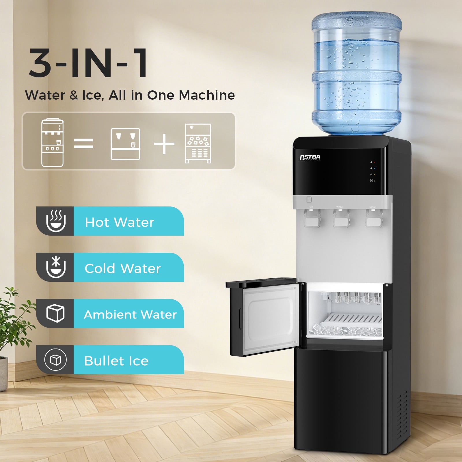 OSTBA 4-in-1 Water & Ice Dispenser, Hot, Cold & Room Temperature Water with Bullet Ice Maker, Touch Control, Child Safety Lock, Fits 3 & 5 Gallon Bottles