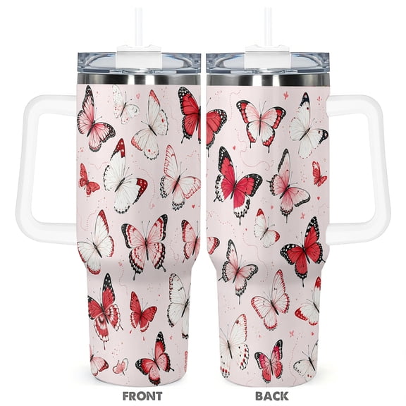 Red Butterfly 40oz Travel Tumbler With Handle Lid And Straw For Car Cup Holders