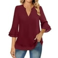 thumbnail image 2 of Ladies Tops and Blouses Women's Fashion Casual Seven Point Flared Sleeve Double Chiffon Waist Solid Color V Neck Top Long Sleeve T shirt Women, 2 of 6
