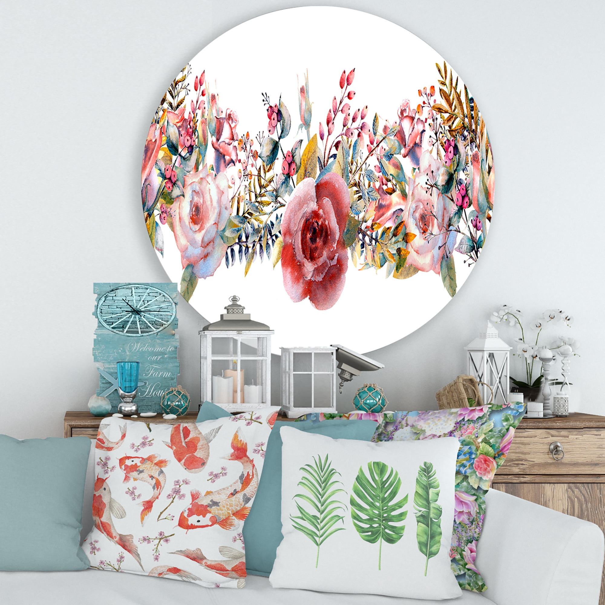 Designart 'Wildflower and Pink Roses' Farmhouse Circle Metal Wall Art 29x29 - Disc of 29