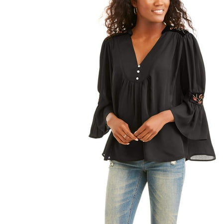 - Paper Tee Women's Embroidered Shoulder Peasant Blouse