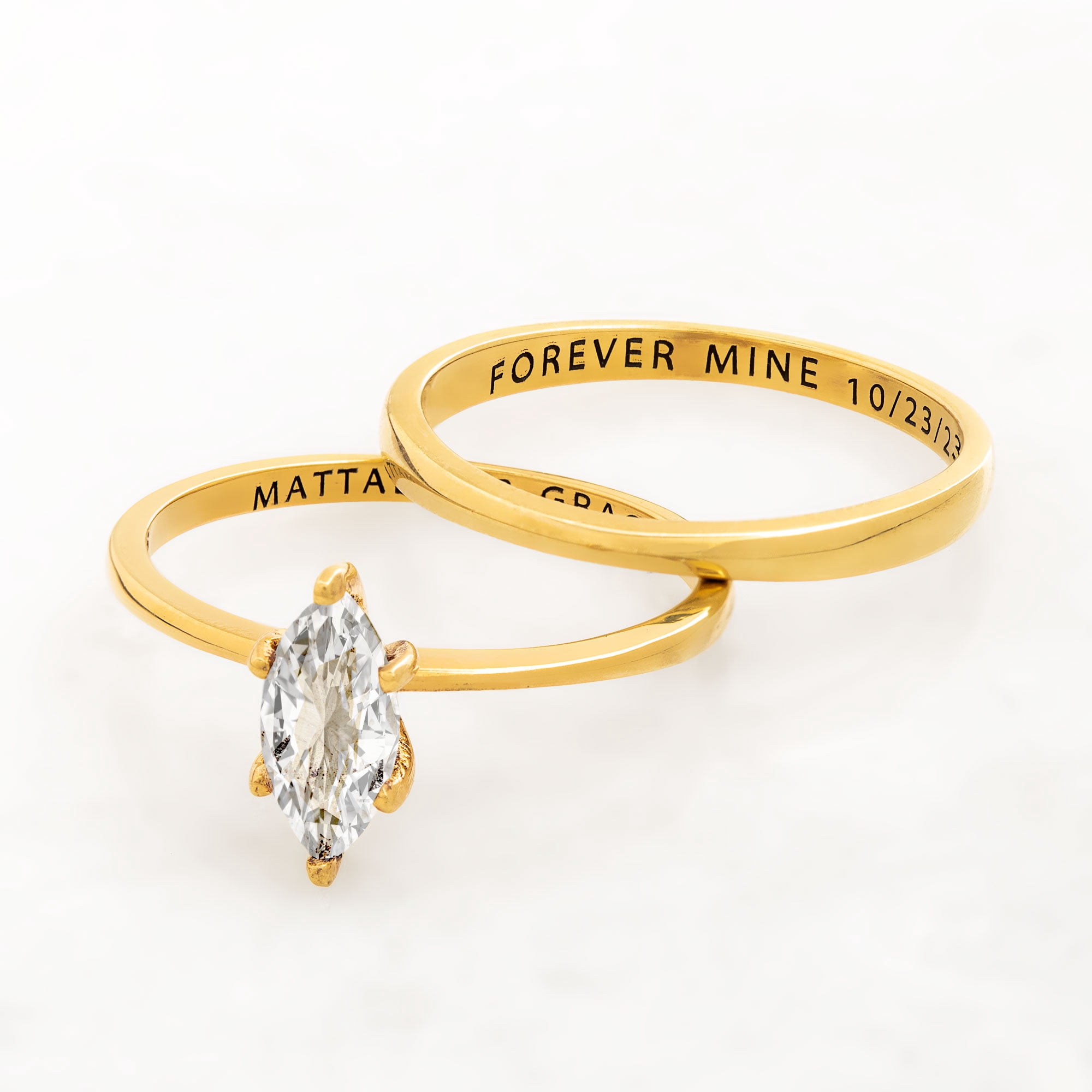 Vow & Forever Personalized Planet Bridal 14K Gold over Sterling Silver Marquise White Topaz 2-Piece Engraved Wedding Ring Set ,Women's
