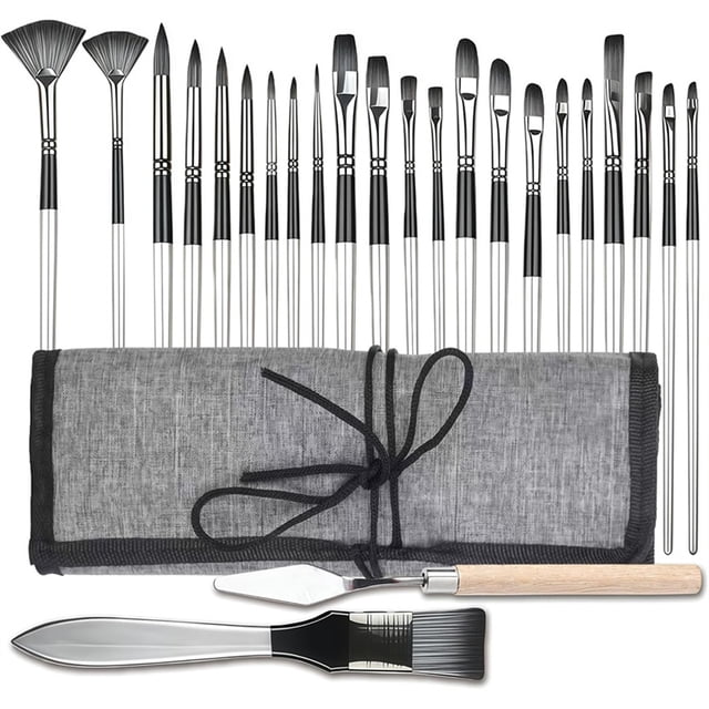 Juego de 25 pinceles para pintura acrílica con espátula.