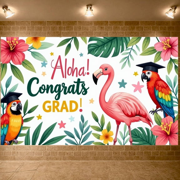 Vibrant Tropical Graduation Banner Flamingo Pattern Display Floral Decor Hawaiian Backdrop for Luau Graduation Party Summer Graduation Indoor Photo Shoot
