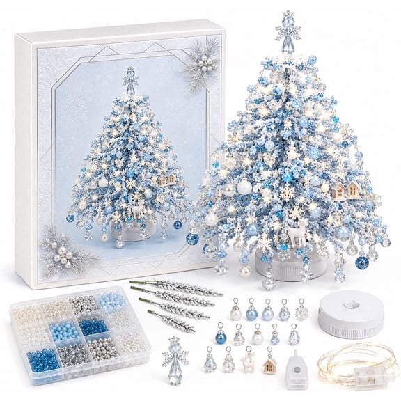 DIY Beaded Christmas Tree Kit, Crystal Holiday Craft Set for Adults (#D) | Colorful Beads, Ornament Charms, Warm Lights, Metal Frame, Angel Topper, Tabletop Decor, Relaxing Project, Holiday Gift