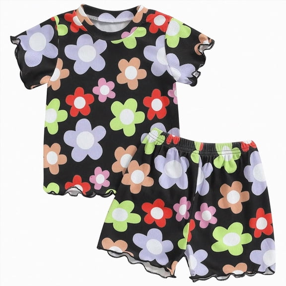 Toddler Girl 2T 3T 4T 5T Summer Outfits 2Pcs Clothes Floral Print Short Sleeve Tee Casual Knit Shorts Set Kaprioy Girl Summer Outfits