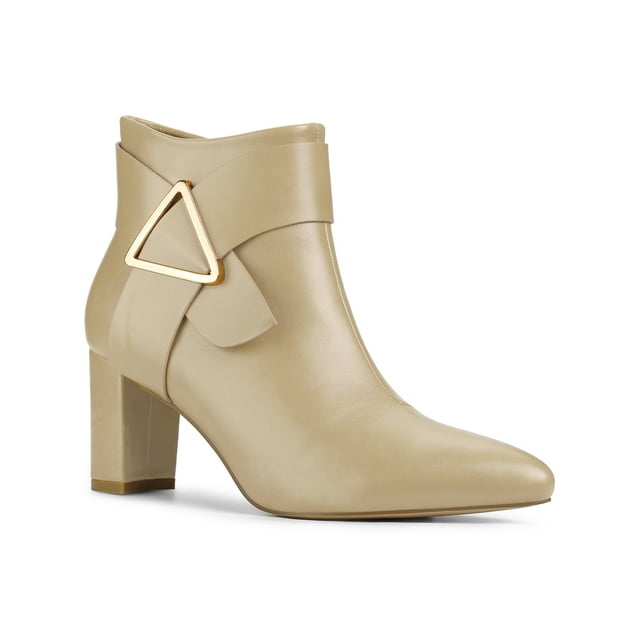 BLISSFUL STEP Women's Pointed Toe Buckle Block Heels Ankle Boots Beige 9