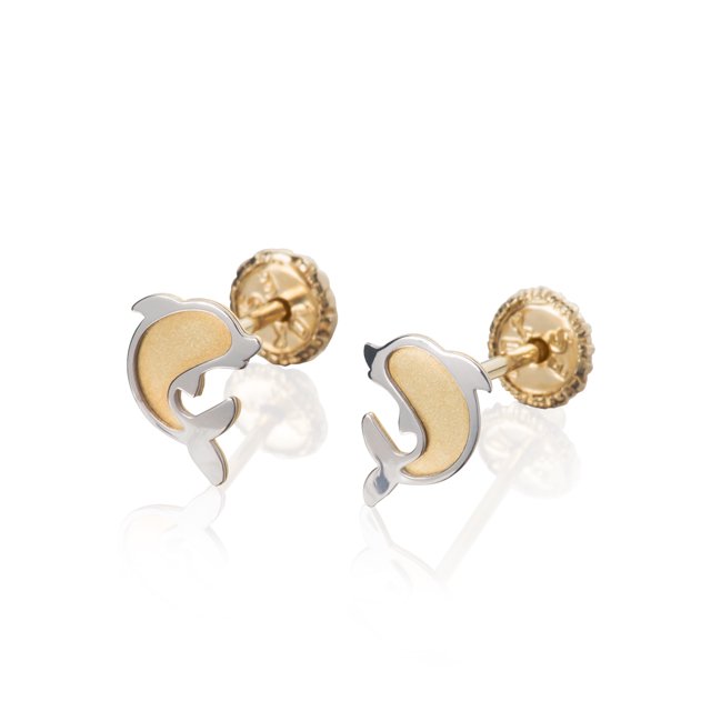 Aretes de Oro 14K GIALLO Broquel Delfín Oro Blanco y Amarillo Para Bebés Niñas y Mujeres