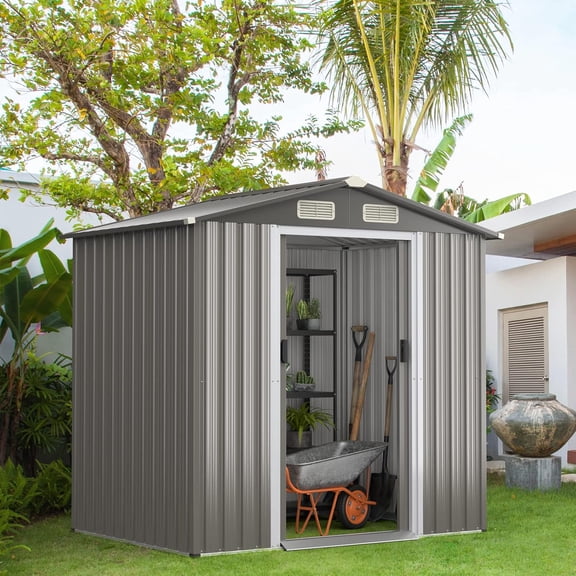 IRONMAX Outdoor Storage Shed, 6x4 FT Galvanized Steel Large Garden Shed w/Lockable Sliding Doors & Air Vent, Heavy Duty Waterproof Tool Storage House for Backyard Patio Lawn
