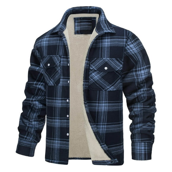 LNWUY (S-5XL) Men's Big and Tall Jacket Fleece Lined Heavyweight Flannel Shirts Cotton Button Up Plaid Shirt Warm Winter Coat Blue XL