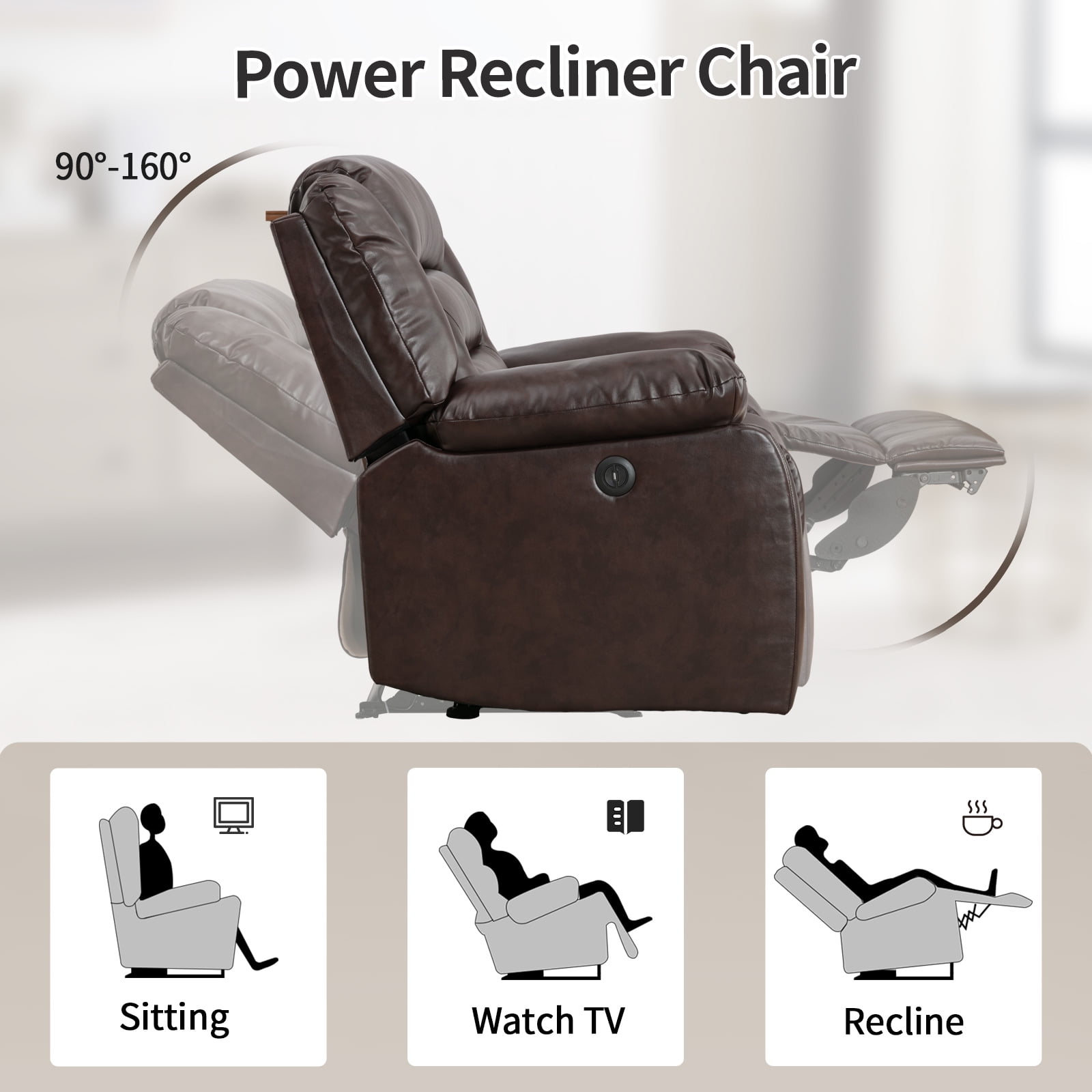 Bonzy Home Power Recliner Chair, Oversized Electric Leather Reclining Chair with Thick Cushion, USB Charge Port, Comfortable Single Sofa for Living(recliner) Room, Brown
