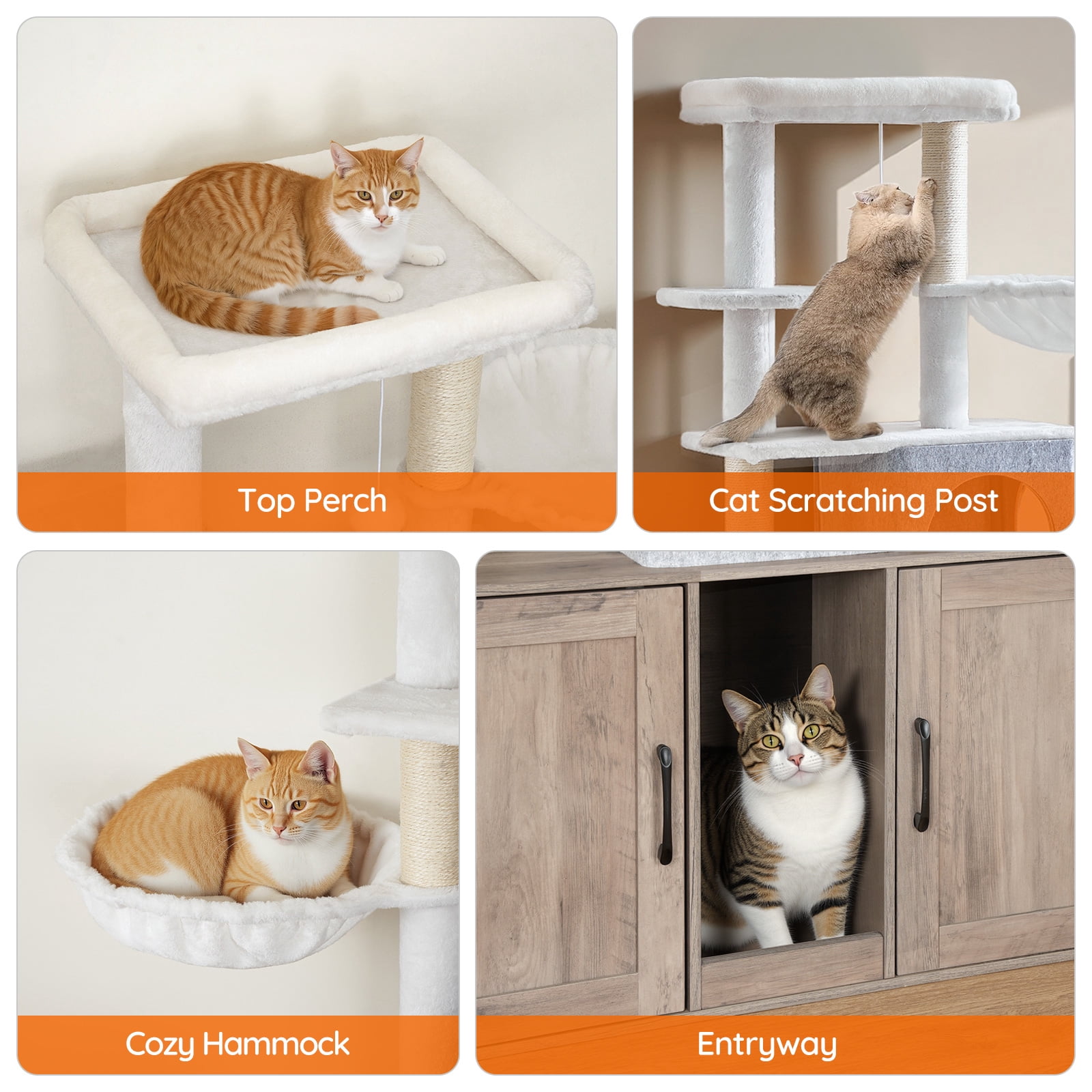 HOOBRO Cat Tree with Dual Litter Box Enclosure, Feeding Bowls, Scratching Posts & Hammocks, Greige
