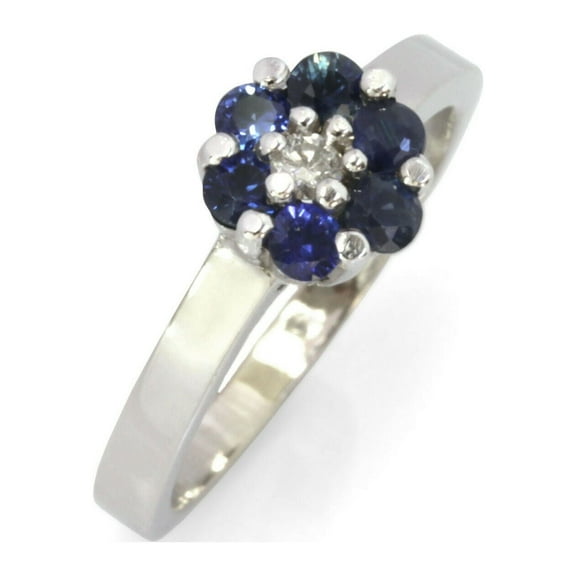 Natural Blue Sapphire and Diamond Cluster Flower Ring in 10k White Gold