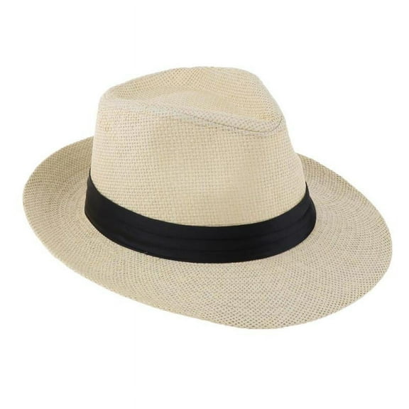Mens Travel Summer Straw Hat Fedora Trilby Gangster Cap Beach Hat Sombrero - Beige, as described