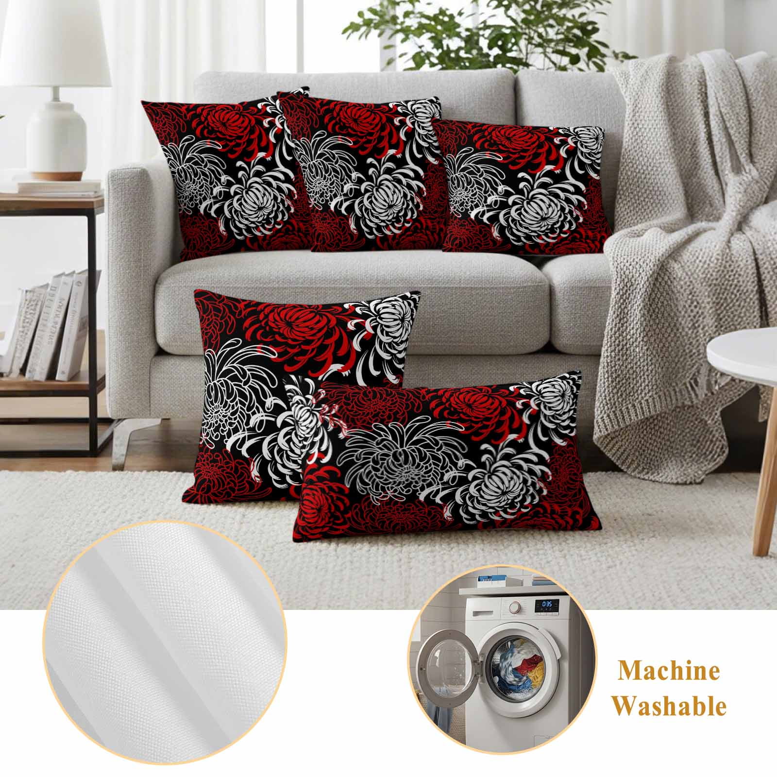 Red White Outdoor Waterproof Pillow Covers, Abstract Black Chrysanthemum Flower Floral Decorative Square Throw Pillowcase Sofa Cushion Sham for Patio/Couch/Chair, 16"x16" 2 Pack