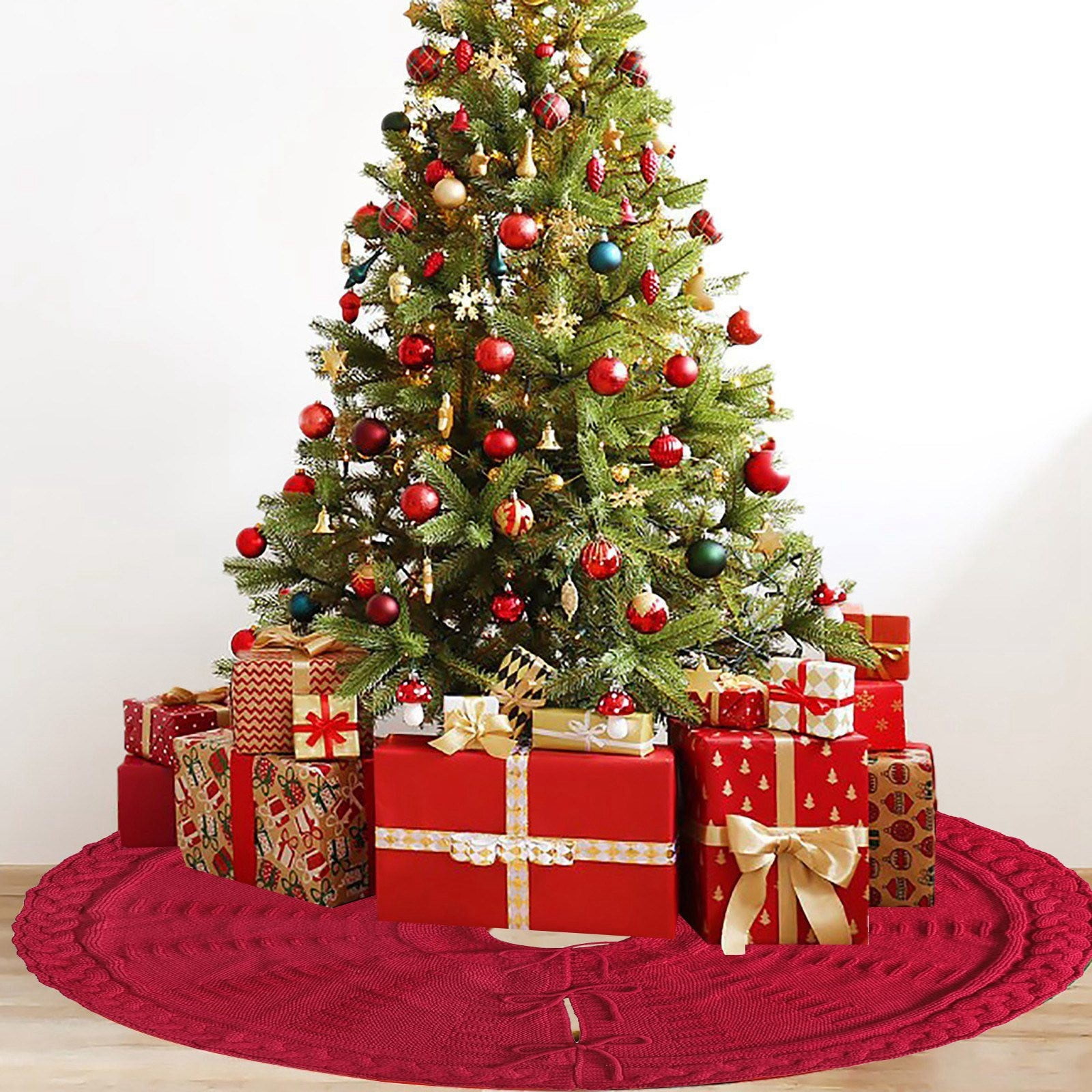 Jupe De Sapin De Noël Tricotée – 71 Cm, Rouge, Cache-pieds Déco – Avec Pinces En Bois Incluses - 8