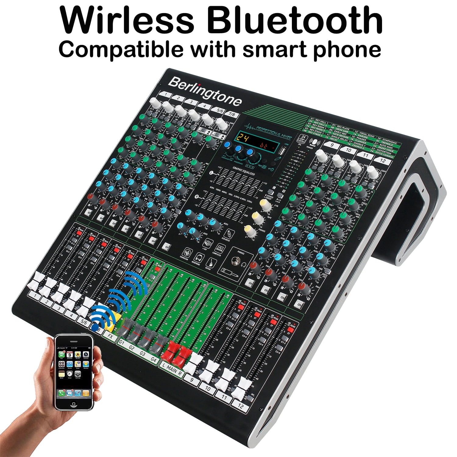 Berlingtone BR-212MX,12-Channel Professional Bluetooth Audio Mixer, PC Recording, 24 DSP Effects,48V Phantom Power,10 Microphone Jack, 2 Stereo Input Soundboard,14 band EQ, RCA Input/Output, Unpowered