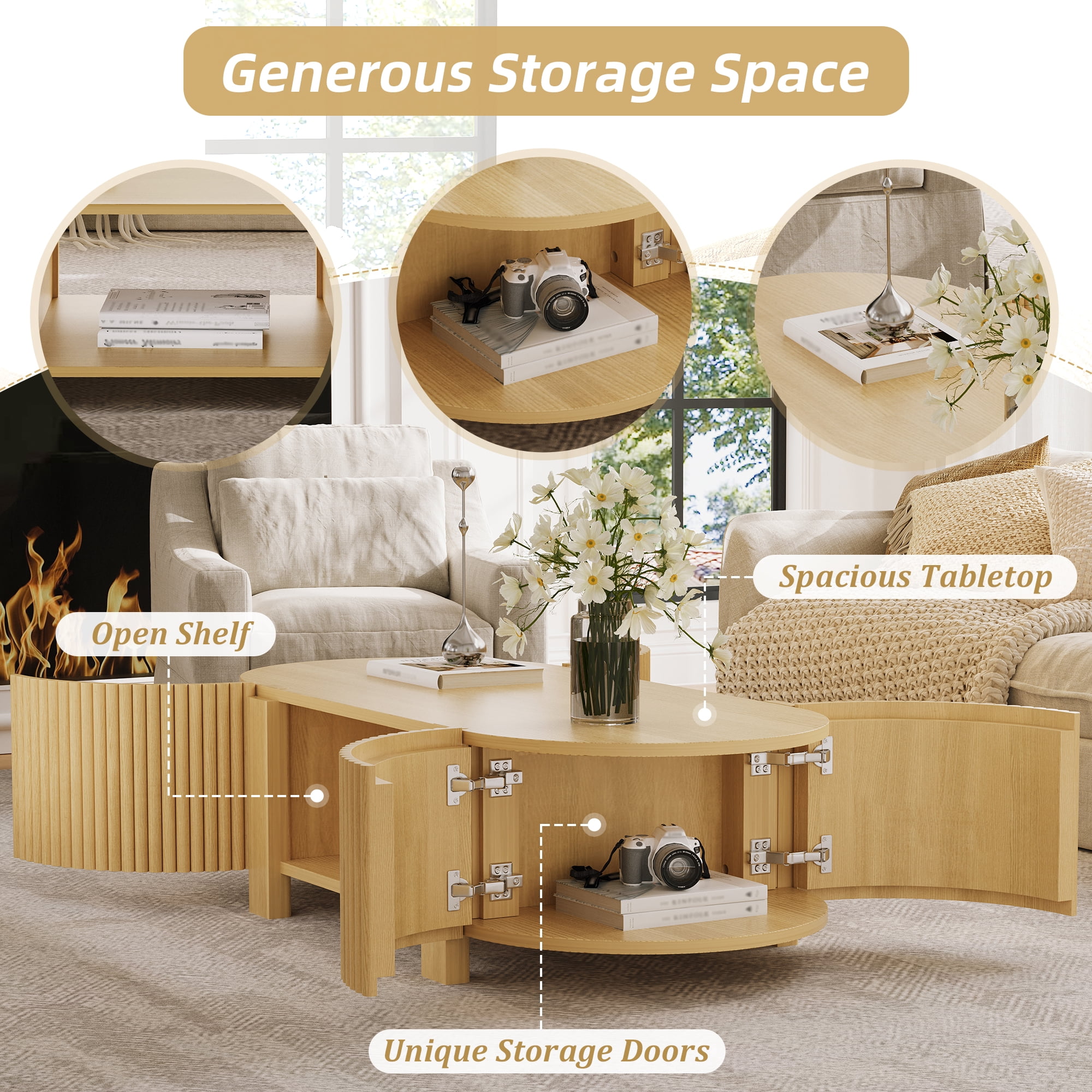 Homy Casa 47 in Fluted Coffee Table with Storage Cabinets and Open Shelf, Natural Oak