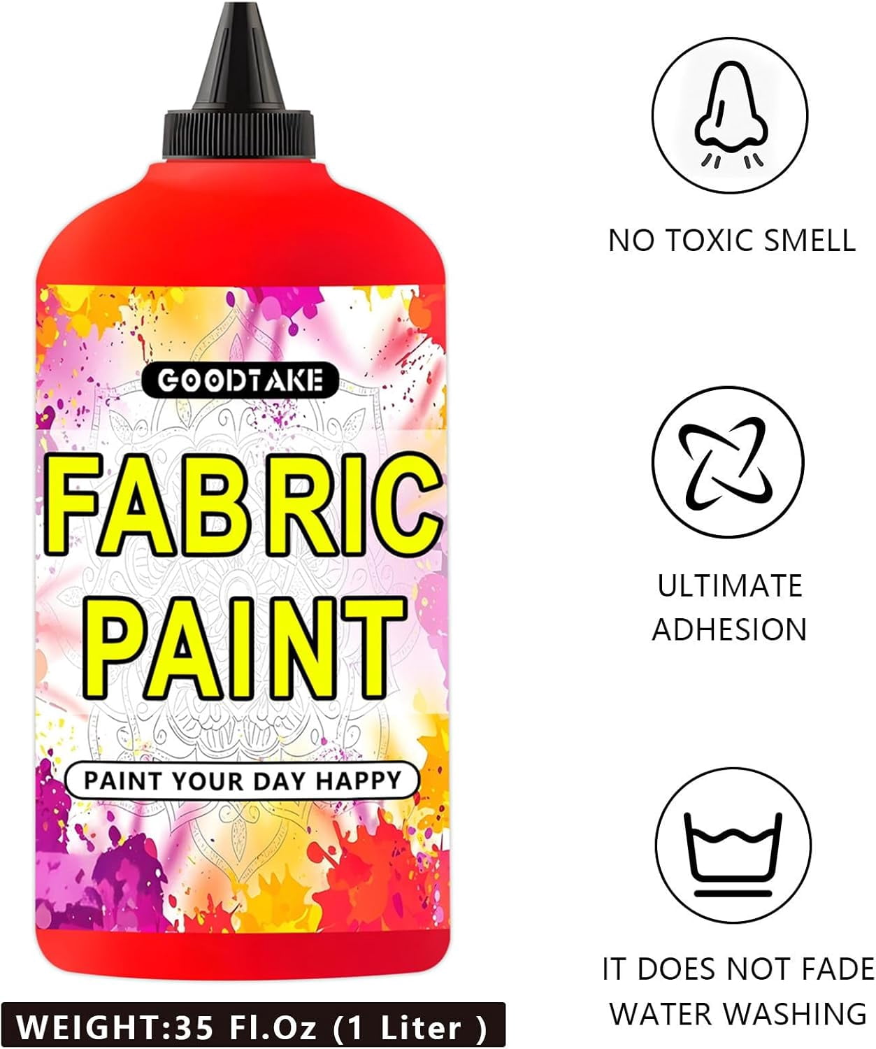 GOODTAKE Red Fabric Paint, 35 Fl.Oz (1 Liter) Bulk Canvas Paint For Clothes, Leather, Paper, Wood Art Paint's - Extra Large Capacity Lightfast & Vibrant Textile Paints (Red, 35 Fl Oz)
