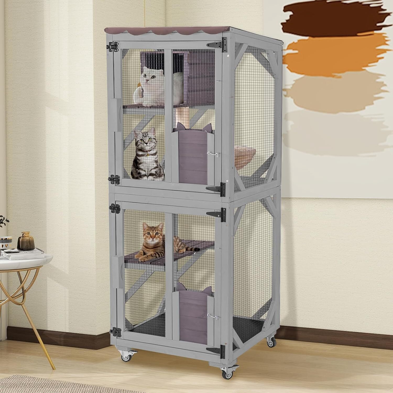 MEDEHOO Catio Outdoor Cat Enclosure - 62.5" Large Walk in Cat Cage on Wheels, Multi-Level Kitty House with Cat Scratching Post, PVC Layer, and Waterproof Roof Gray