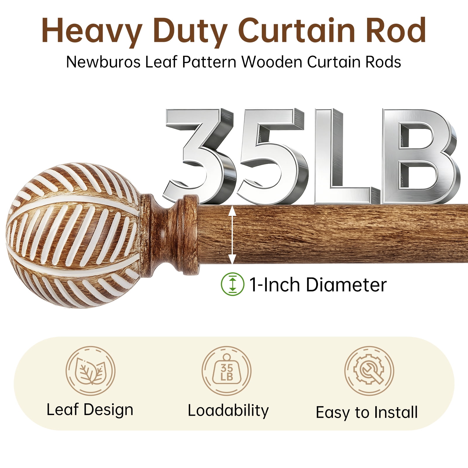 NewBuros Adjustable Wood Curtain Rod, 32 to 86 Inch, 1" Diameter Heavy-Duty Indoor Curtain Rod, Sturdy Rust-Proof with Wood Grain Leaf Pattern, Coffee Brown