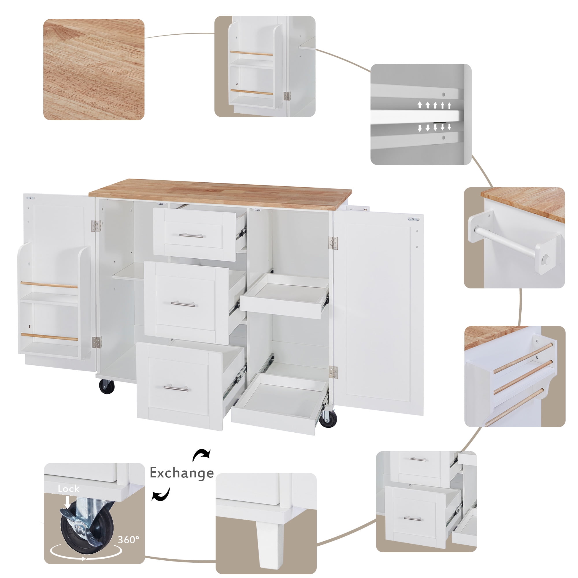 Aukfa Rolling Kitchen Island with Storage, Kitchen Cart W/3 Drawer & 2 Slide-Out Shelf,White