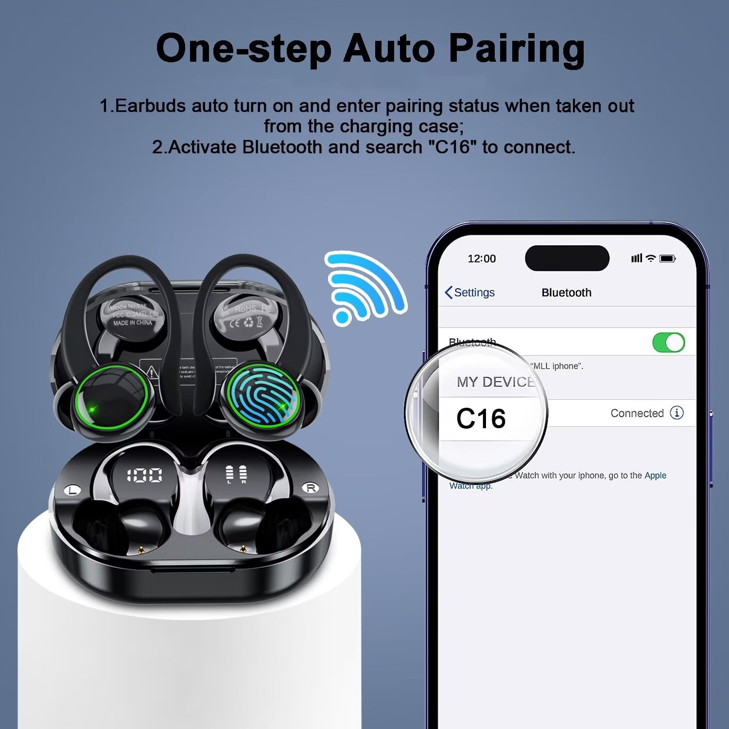 Wireless Earbud for iPhone,Android Bluetooth Headphones 48hrs Playtime Waterproof IPX8 Noise Cancelling Bluetooth Headset In-Ear Earbuds with Ear Hooks and Charging Case