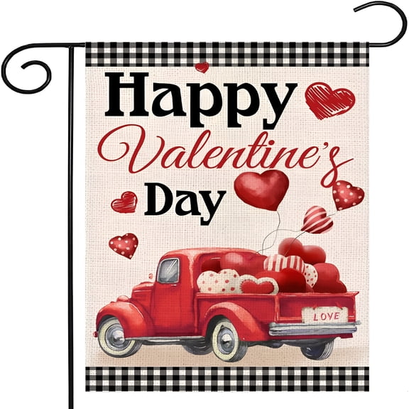 AUQ Valentine'S Day Garden Flags,Black and White Plaid Red Truck Love Balloons Happy Valentine'S Day 12X18 Inch Double Sided Garden Flags for Outdoor Garden Festival Yard Decoration