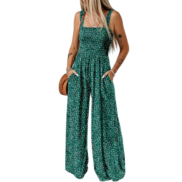 TrendOFT Combinaison d'Été pour Femmes Décontractée Chic Col Carré Sans Manches Imprimé Floral Jambes Larges avec Poches Combinaisons une Pièce Vert Foncé TG