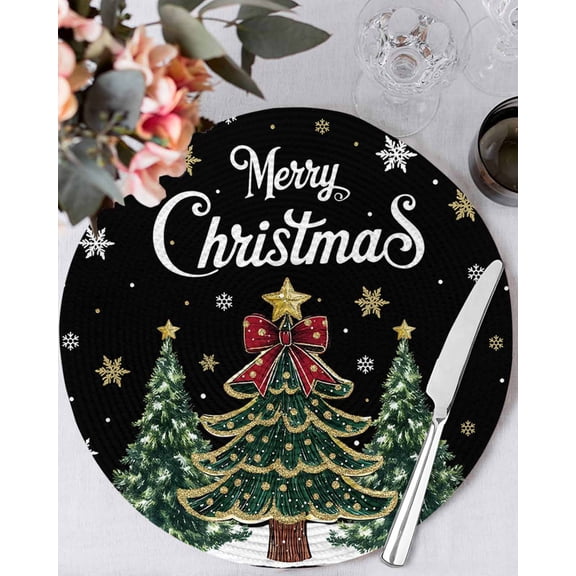 15 Inch Round Placemats Set of 6, Black Christmas Tree Non Slip Heat Insulation PP Table Mats, Snowflake Tree Xmas Washable Place Mats for Kitchen Dining Party Table Decor