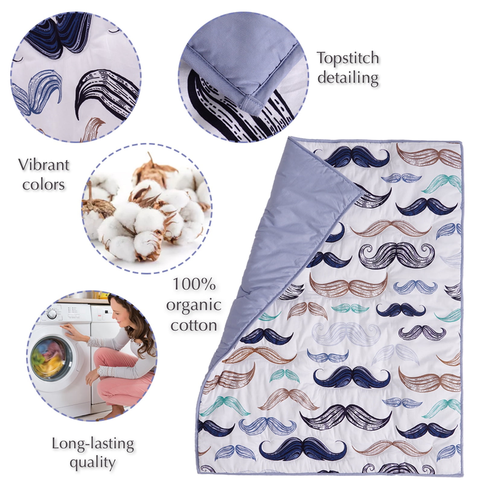 Boho Little Man Mustache, Premium, 100% Organic Cotton 4-piece Baby Boy Nursery Bedding Crib set | Baby Comforter | 2 X Fitted Crib Sheets | Crib Skirt (White, Teal, Black, Brown, Blue)