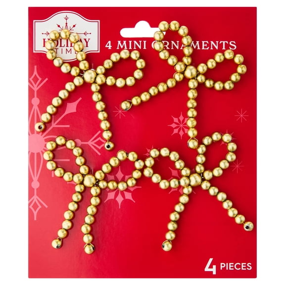 4-Count Gold Beaded Bow Mini Christmas Ornaments, 2.3", by Holiday Time