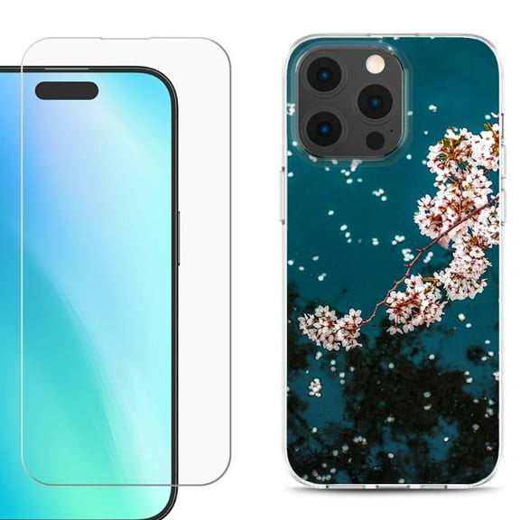 For iPhone 16 Pro Phone Case Cover, Shockproof Case with Tempered Glass Screen Protector, by OneToughShield - Night Blossom