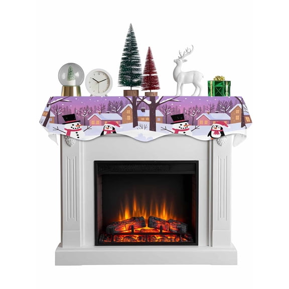 Christmas Snowman Mantel Scarf Fireplace Decorations for Living Room, Winter Snowflakes Purple Abstract Fireplace Mantel Scarf Cover Runner for Halloween/Thanksgiving/Christmas Decor 70"x17"