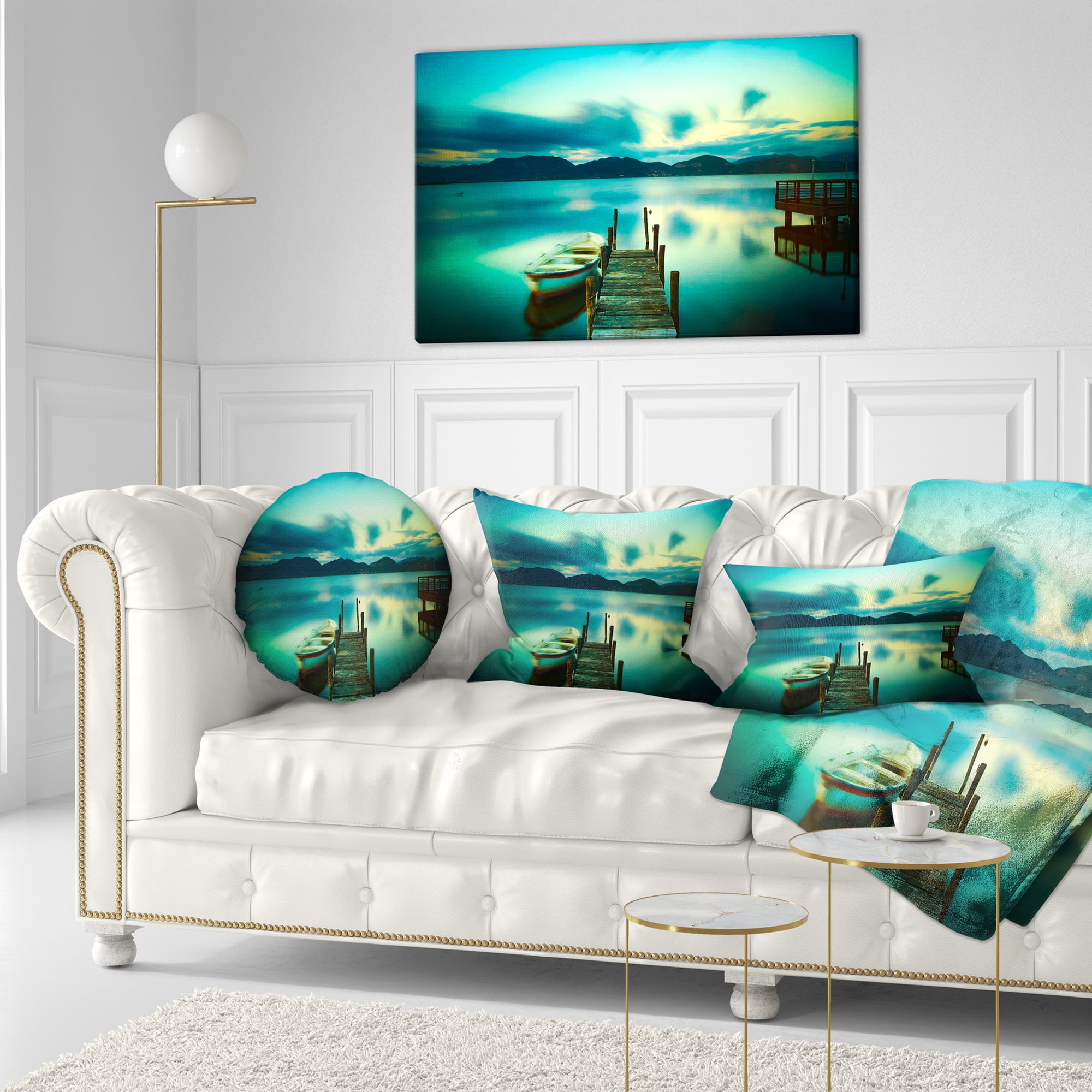 Designart Wooden Jetty and Boat in Sea - Seascape Throw Pillow - 12x20