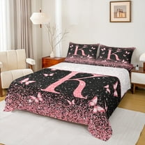 Homewish Initial K Letter Twin Sheet Sets, Black Pink Sequin Print Twin Fitted Sheet, Romantic Butterfly Animal Flat Sheet, Luxury Bedroom Decor, 3pcs