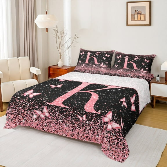 Homewish Initial K Letter Twin Sheet Sets, Black Pink Sequin Print Twin Fitted Sheet, Romantic Butterfly Animal Flat Sheet, Luxury Bedroom Decor, 3pcs
