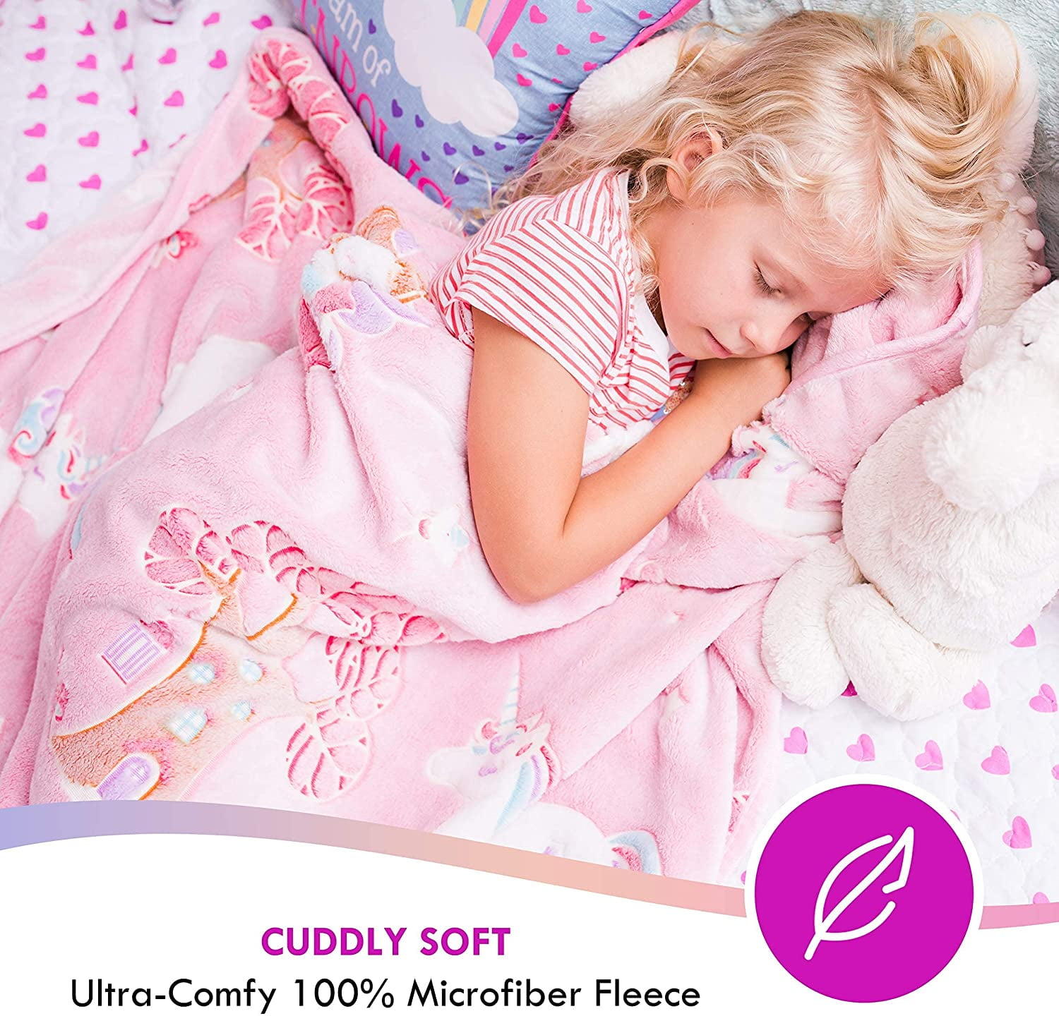 Glow in The Dark Unicorn Blanket for Girls – Soft Pink Fleece Throw. Great Christmas, Birthday, Baby, Toddler Unicorn Gifts! Premium Fuzzy Blanket with Fairy, Butterfly, Stars. Bright Long-Last Glow