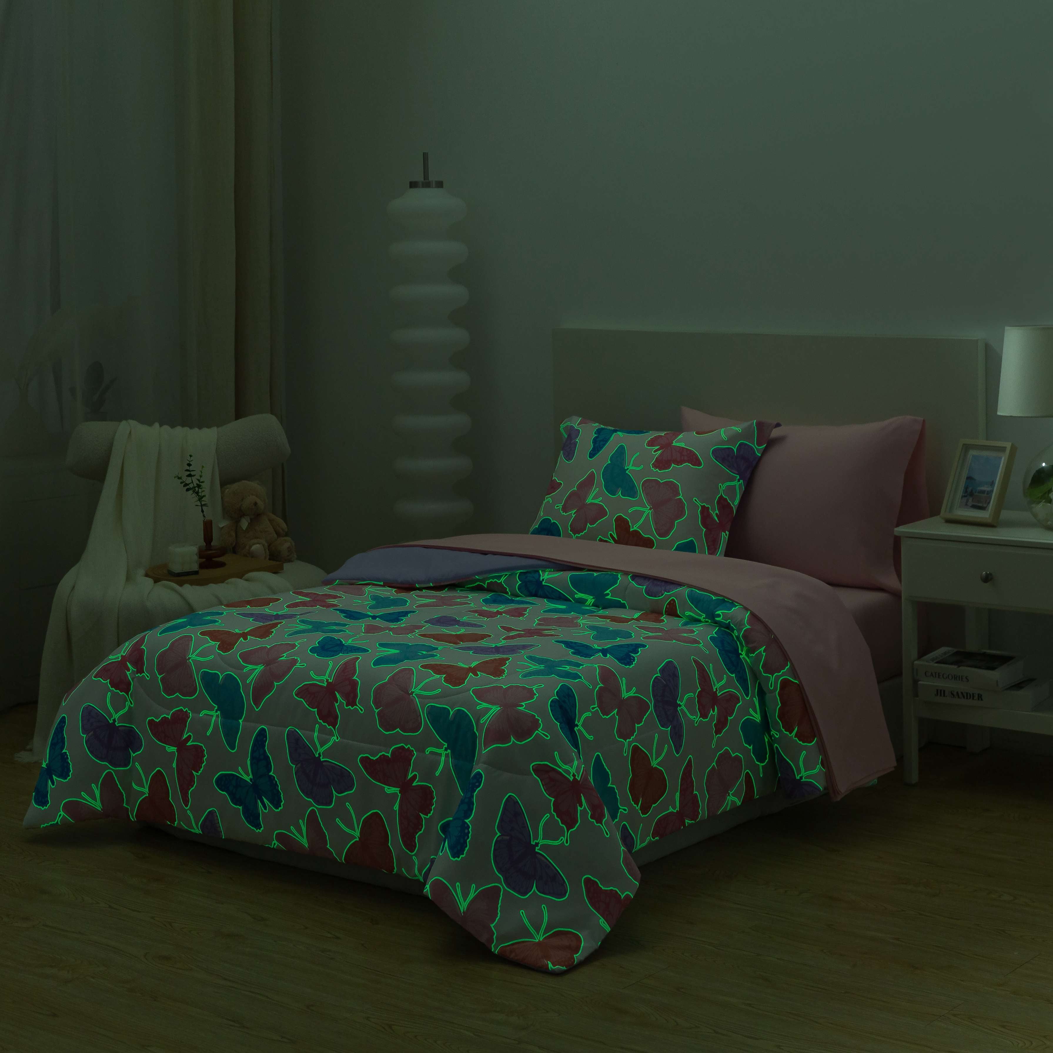 Your Zone Glow-in-the-Dark Butterfly 5-Piece Bedding Set with Fabric Storage Bag, Twin