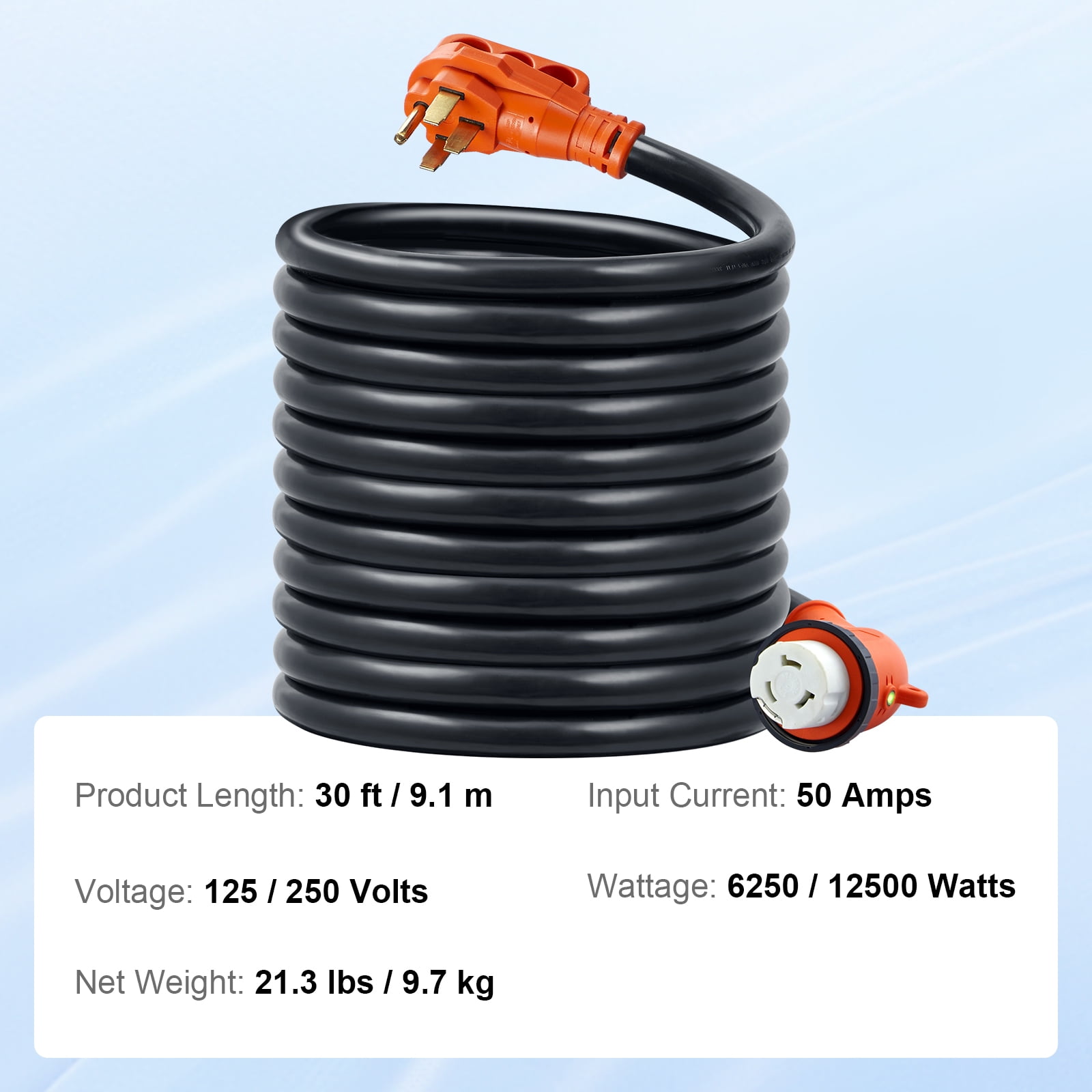 BENTISM 30FT 50A RV Power Cord, Heavy Duty STW 6/3 + 8/1 Generator Cord, NEMA 14-50P Male NEMA SS2-50R Female Plug, with LED Indicator Handle 15A Adapter, for RVs, ETL Listed