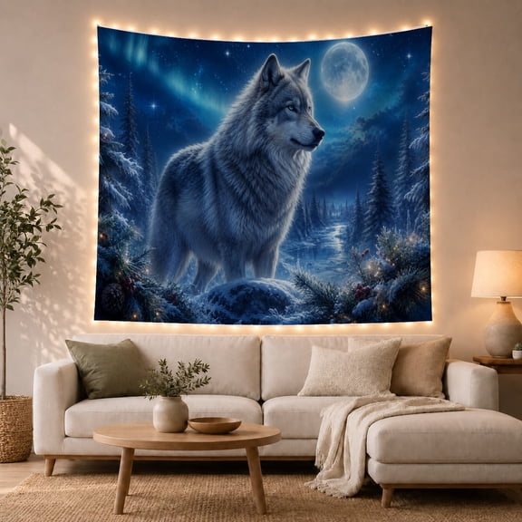 Wolf Under Full Moon & Aurora in Snowy Forest, Mystical Digital Art for Wildlife Lovers, Nature Illustration Decor, Christmas Gift, Tapestry Wall Hanging for Bedroom and Living Room