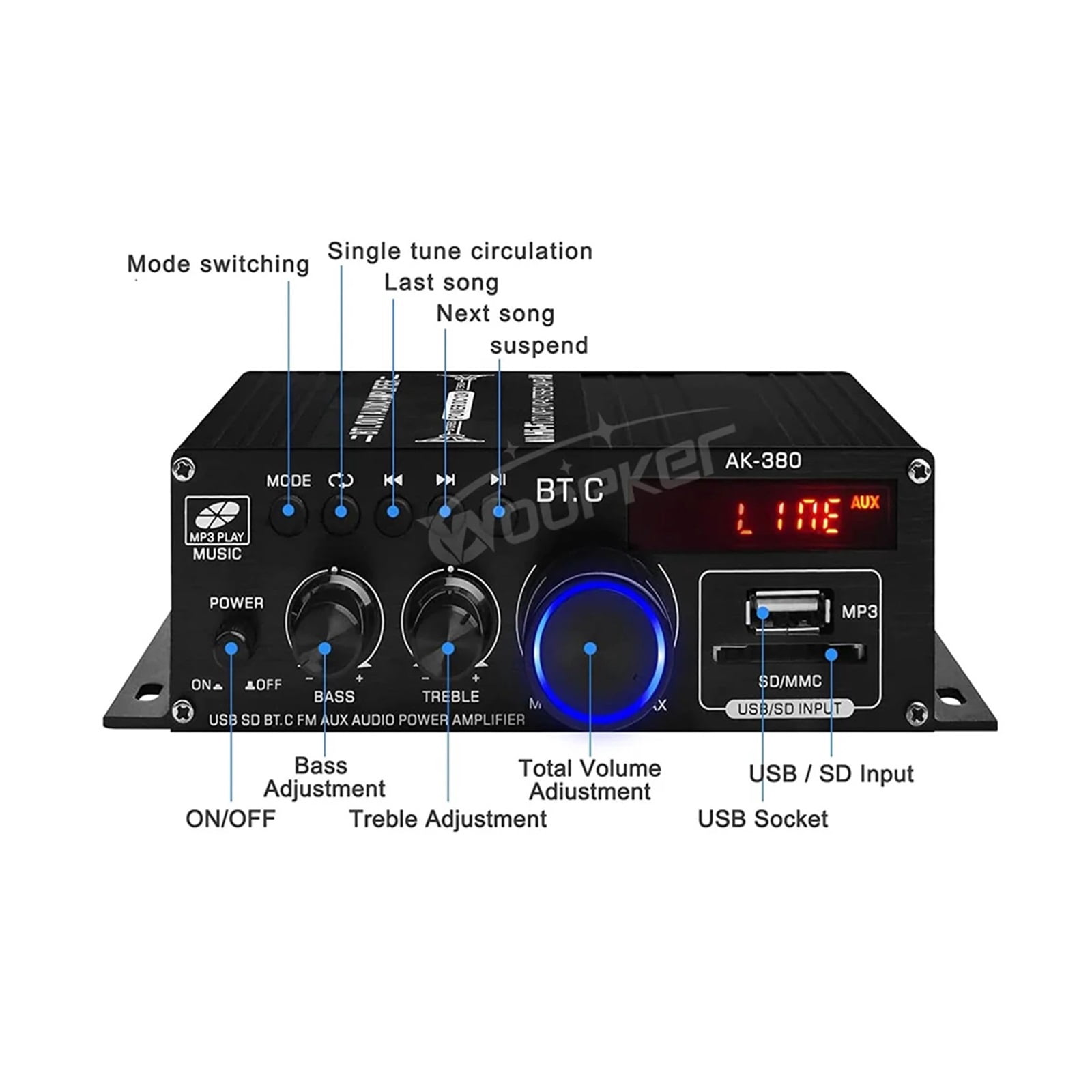 AK380 Digital Amplifier 800W Bluetooth Power AMP Hifi Bass FM Music Subwoofer Media Player Support USB AUX Input