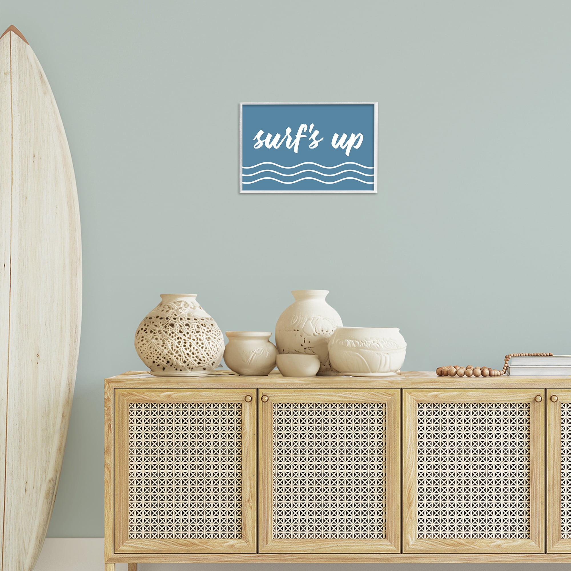 Stupell Industries Blue Surf's Up Typography Painting White Framed Art Print Wall Art, 18 x 12