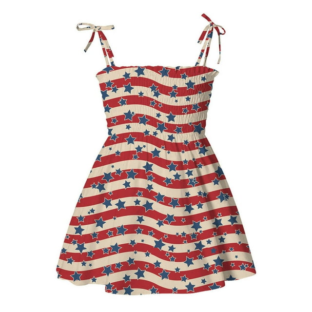 vdgthytj Robe 4 Juillet pour Tout-Petites Filles Étoiles Rayées Bretelles à Nouer Robe Smockée Robe d'Été Trapèze Robe de Fête d'Été