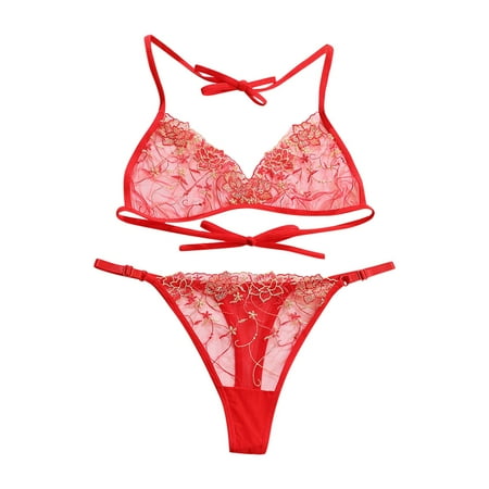 

frehsky bras for women women lace mesh embroidery with french style lingerie strap bra set red