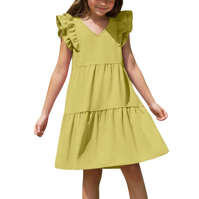 Offres d'Été 2025! QTOCIO Robes pour Filles Tout-Petits, Vêtements d'Été pour Bébé Fille, Robe Décontractée Mignonne à Manches à Volants et Col Rond pour Enfants et Filles, Jaune, 13 Ans