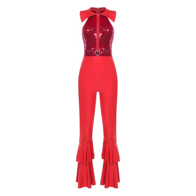 Oyolan Women's Disco Costume Sequin Tank Tops Flared Pants Rave Jumpsuit For Party, Halloween, Carnival Red L