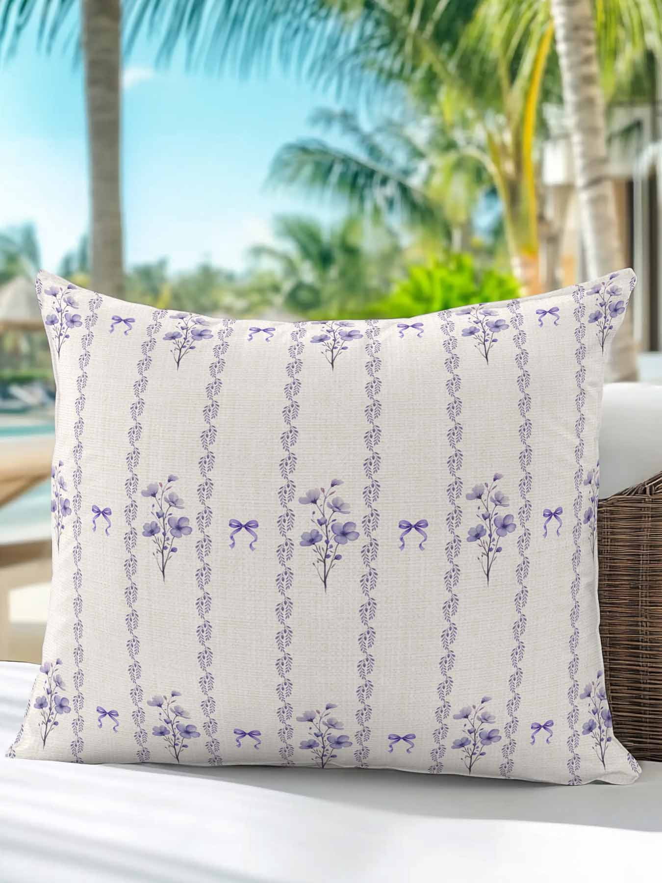 1 Pack Outdoor Throw Pillow, Purple Flowers Waterproof Pillow with Insert Included, Spring Floral Bows Lines Vintage Beige Decorative Accent Cushion Sofa Pillows for Patio Porch, 16 x 16 In