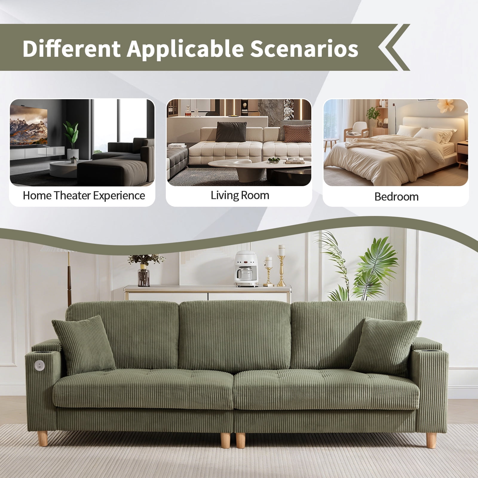 Bonzy Home 100 inch Modern Corduroy 3-Seater Sofa, Oversized Comfy Couch with USB Charging Port, Hidden Storage, Overstuffed Backrest & Throw Pillows, Green